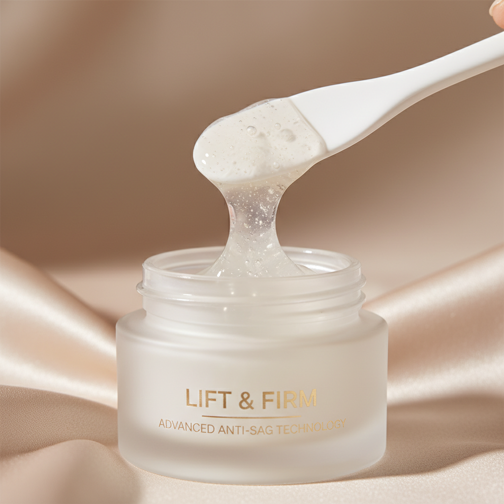 A close-up of a smooth, translucent skincare gel being lifted by a glossy, white ceramic spatula from a frosted glass jar labeled with subtle anti-sagging claims. The gel catches the light, revealing tiny, suspended shimmering particles that suggest advanced active ingredients. The jar is placed on a satin-like, champagne-colored fabric that gently folds and flows, hinting at lifted contours. Soft studio lighting from the side creates gentle highlights on the glass and gel, with a seamless, blurred background in warm neutrals. Photographic realism with a minimalist, luxurious aesthetic, composed in a tight crop with shallow depth of field, evoking refinement, efficacy, and quiet confidence in targeted lifting care.