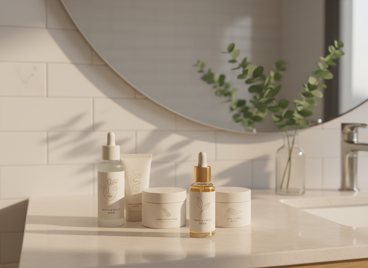 A collection of high-end, minimalist skincare bottles and jars arranged neatly on a clean, pale beige vanity surface, each label featuring subtle illustrations of lifting and firming benefits. A large, frameless mirror reflects a softly blurred bathroom interior with hints of eucalyptus in a simple vase. Gentle morning daylight pours in from an unseen window, creating a diffused, flattering glow and soft shadows that suggest calm renewal. Photographic realism with a clean, modern aesthetic, shot at eye level with a shallow depth of field so the foremost serum bottle is in crisp focus while the background fades into creamy bokeh, conveying a serene, hope-filled atmosphere of starting a new anti-sagging skincare routine.